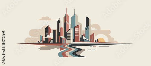 Stylized graphic illustration of a lone person standing on an airport tarmac, viewed from inside a hangar with a pensive and solitary mood in a comic book art style