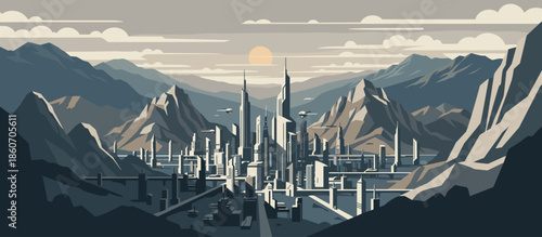 Graphic illustration of a family with two children waiting at a crosswalk for a modern green tram to pass on a city street with classic brick buildings