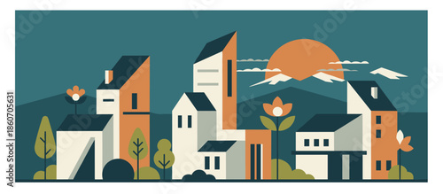 Hand-drawn comic book style illustration of a woman in a vintage dress and hat looking at a vast mountain range, rendered with a limited retro color palette and halftone textures