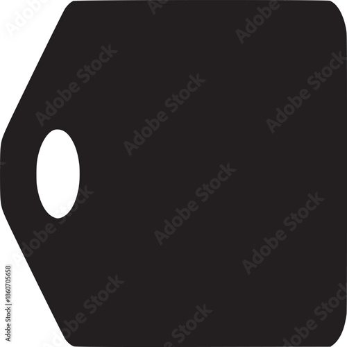 A simple black price tag with a hole on the left side and rounded corners on a white background