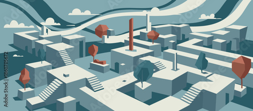 Charming stone cottage covered in green ivy sits beside a winding road in a cozy autumn landscape with yellow trees and mountains, depicted in a beautiful graphic illustration