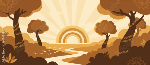 Two delicious chocolate cookie ice cream sandwiches held in a cardboard box by hands in a modern flat illustration style, depicting a relaxing snack time in a park on a sunny day