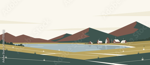 Illustrated mountain range landscape with snowy peaks and a distant autumn valley in a rugged comic book art style, featuring bold ink lines and halftone textures for a dramatic feel