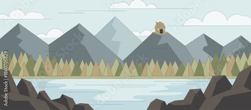 Mysterious breakfast table with a croissant on a plate is cast in dramatic light and shadow, creating a lonely and suspenseful film noir illustration