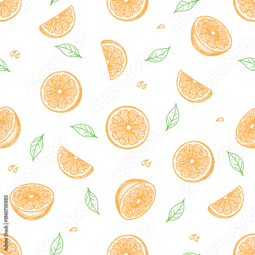 Vintage style hand-drawn orange fruit seamless pattern with citrus slices