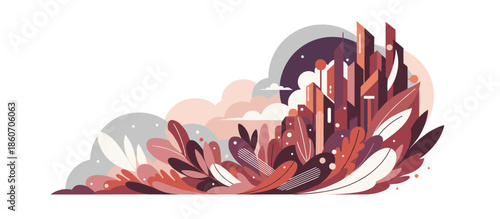 Abstract futuristic city illustration with geometric skyscrapers growing from colorful, stylized foliage in a modern flat design concept of urban nature and sustainable architecture