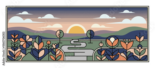 Woman in a patterned one-piece swimsuit with outstretched arms walks into the ocean waves at sunrise in a bold, graphic, hand-drawn illustration with a vintage aesthetic