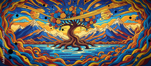 Graphic illustration of a windsurfer in a wetsuit skillfully riding a wave, creating a large splash on a windy day with mountains in the distance