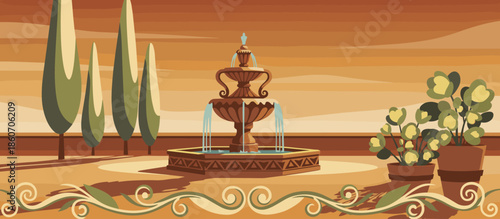 Automated industrial factory floor with robotic arms and CNC machines operating on a complex production line, a stylized graphic illustration of modern high-tech manufacturing