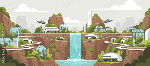 Stylized graphic illustration of a crowded urban beach scene at sunset, with silhouetted people surfing, playing, and taking photos of the scenic mountain and city skyline