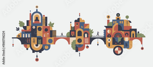 Beautiful illustrated woman with long curly hair wearing a patterned bandana looks over her shoulder in a retro bohemian style artwork with stylized suns and tropical leaves