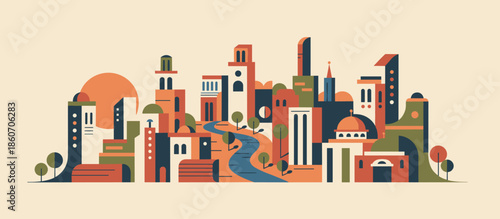 Serious man working on a computer at his cluttered desk is handed a folder in a graphic, pop art style illustration with a limited color palette and bold outlines