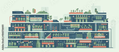 Winding wooden boardwalk path meanders through a lush coastal forest with a scenic view of the ocean and distant mountains in a retro graphic illustration style