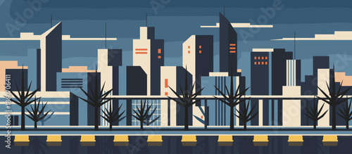 Graphic illustration of two hikers with backpacks walking on a winding trail through a vast, rocky canyon in a retro comic book style with a limited earth-tone color palette