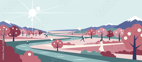 Rustic wooden slat fence curves through sandy dunes with windswept beach grass in a stylized graphic illustration with a vintage, earthy color palette