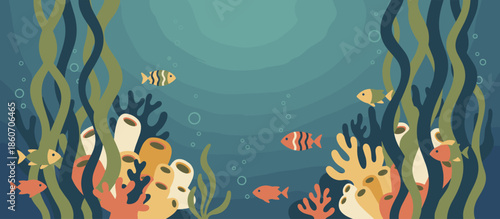 Stylized woodcut illustration of a crowded seaside pier with silhouetted people walking along the boardwalk over choppy ocean waves towards distant hills