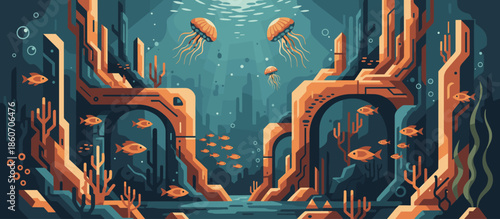 Illustrated panoramic view of a traditional town with terracotta roofs, historic bell towers, and lush green trees in a charming, vintage comic book art style