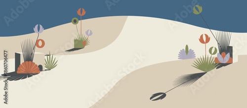 Hand-drawn beach landscape illustration showing a sandy cove with tiny people relaxing under umbrellas by the sea, depicted in a retro comic book style with halftone dots