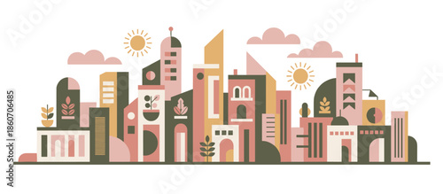 Stylized graphic illustration of a crowded beach cove with people swimming, sunbathing, and relaxing on the sand near white coastal houses and lush green cliffs