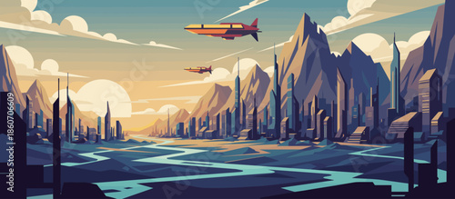 Person in a bright red jacket walks along a winding mountain road holding a camera, with an off-road vehicle parked among snowy peaks in a dramatic graphic illustration