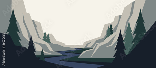 Motocross rider on a dirt bike travels through a vast, sandy desert landscape in a minimalist, retro-style graphic illustration with a wide panoramic view