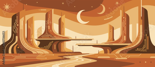 Vast desert canyon landscape illustration featuring a solitary traveler's silhouette journeying through the arid terrain in a bold, graphic comic book art style