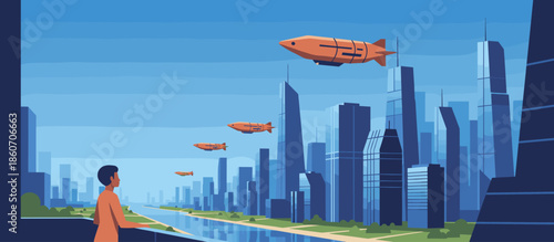 Hooded person holding a large duffel bag stands beside a car looking out at the calm sea with seagulls flying overhead in a minimalist illustrative style