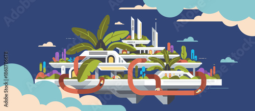 Yellow city bus illustration from a low angle view drives on a busy urban street with traffic and buildings in a bold, graphic comic book style with halftone textures