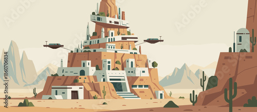 Seaside building with a decorative wrought iron balcony and a stone promenade overlooking the calm blue sea under an orange sky in a retro graphic illustration style