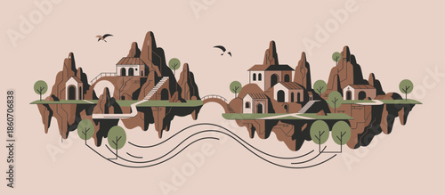 Ancient Buddhist temple with a tall stupa and intricate architectural details is depicted in a serene, hand-drawn vector illustration with a limited color palette