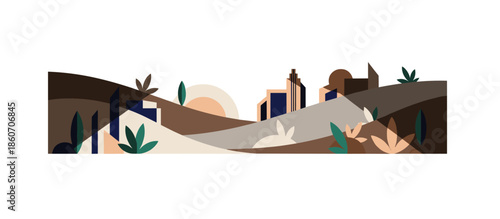 Stylized mountain range illustration with snowy peaks and a winding river, depicted in a cool blue and grey palette with bold outlines and halftone dot shading for a graphic feel