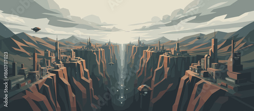 Stylized mountain range illustration with snow-capped peaks and a river flowing through a deep valley, rendered in a retro graphic style with halftone dot textures