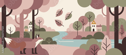 Stylized landscape illustration of a serene mountain valley with a reflective lake, rolling hills, and small rural houses in a retro linocut print style with halftone textures