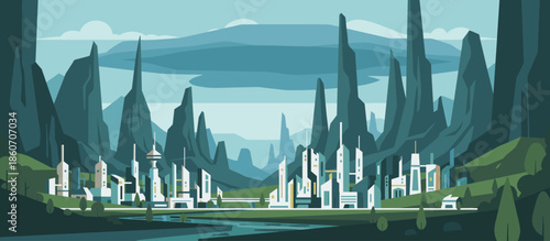 Stylized graphic illustration of a deep canyon with a winding river below and a starry night sky seen from a low angle perspective in a bold, comic book art style