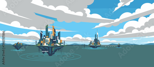 Futuristic floating city islands with modern skyscrapers and suspension bridges levitating over a calm ocean, a surreal vector illustration of an imaginative utopian metropolis