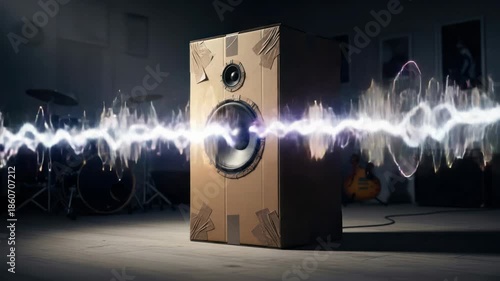 Creative cardboard speaker pumping out energy with musical instruments and background ambience
