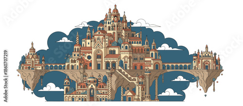 Fantastical floating city with intricate architecture is built on rocky islands connected by bridges, featuring towers, domes, and arches in a detailed vector illustration style