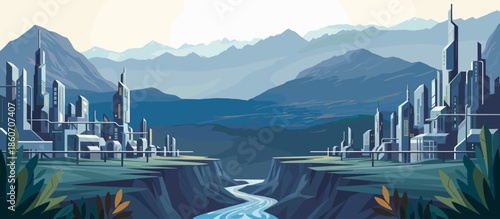 Futuristic city with modern sci-fi architecture built on the cliffs of a deep canyon with a river flowing through a mountain valley landscape in a flat vector illustration style