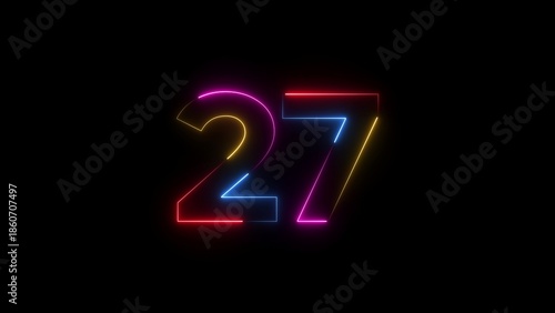 Colorful neon number twenty seven on black background pink