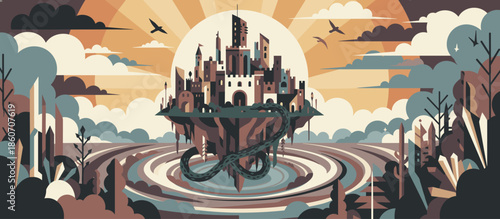 Majestic floating island city with a giant mythical serpent coiled around it is depicted in a flat vector style against a warm, stylized sunset with clouds and birds