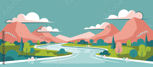 Beautiful minimalist landscape illustration of a winding river flowing through a green valley with colorful trees and pink mountains under a cloudy sky