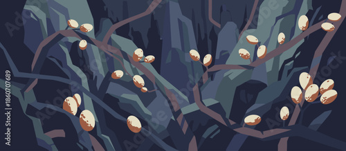 Young white deer fawn illustration eating a leafy branch while sitting in tall grass, rendered in a modern graphic style with a limited color palette of green and pink