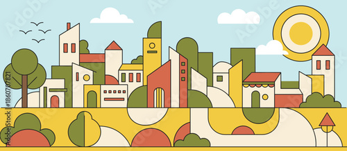 Thoughtful young person with a buzz cut sits on a rope net structure high above a modern city skyline in a graphic comic book style illustration