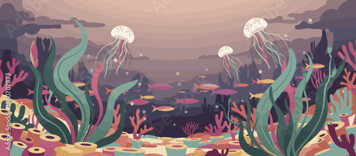 Charming rustic village with stone houses and red roofs nestled in a serene mountain valley surrounded by a dense pine forest, depicted in a hand-drawn illustrative style