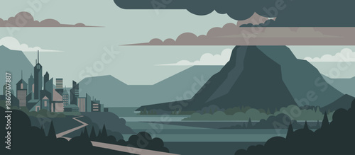 Large mossy tree trunk illustration stands in a dense, stylized forest with a calm and natural atmosphere, rendered in a graphic comic book art style with bold outlines