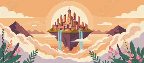 Stylized vector illustration of a coastal landscape at sunset with dramatic sea stacks, a vibrant sun, and a foreground of silhouetted wildflowers and ferns in a retro graphic style