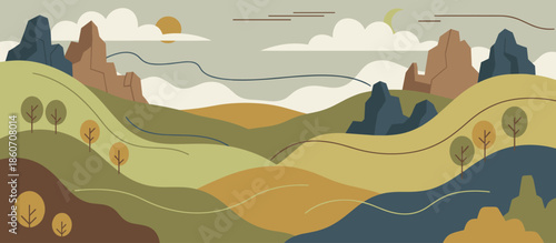 Stylized coastal landscape illustration with sandy dunes, green grass, and calm blue ocean water under a sky with fluffy orange clouds in a retro graphic print style