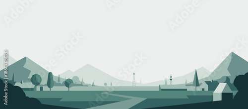 Minimalist rural landscape illustration with geometric mountains, a small village with houses and trees, and a winding road in a monochromatic green color palette