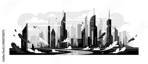 Graphic illustration of a majestic manta ray swimming gracefully in the turquoise ocean, gliding over a sandy seabed with coral reefs and a school of fish