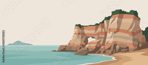 Lone reindeer silhouette with large antlers stands in a vast, cold arctic landscape with snow-capped mountains on the horizon in a minimalist hand-drawn vector style